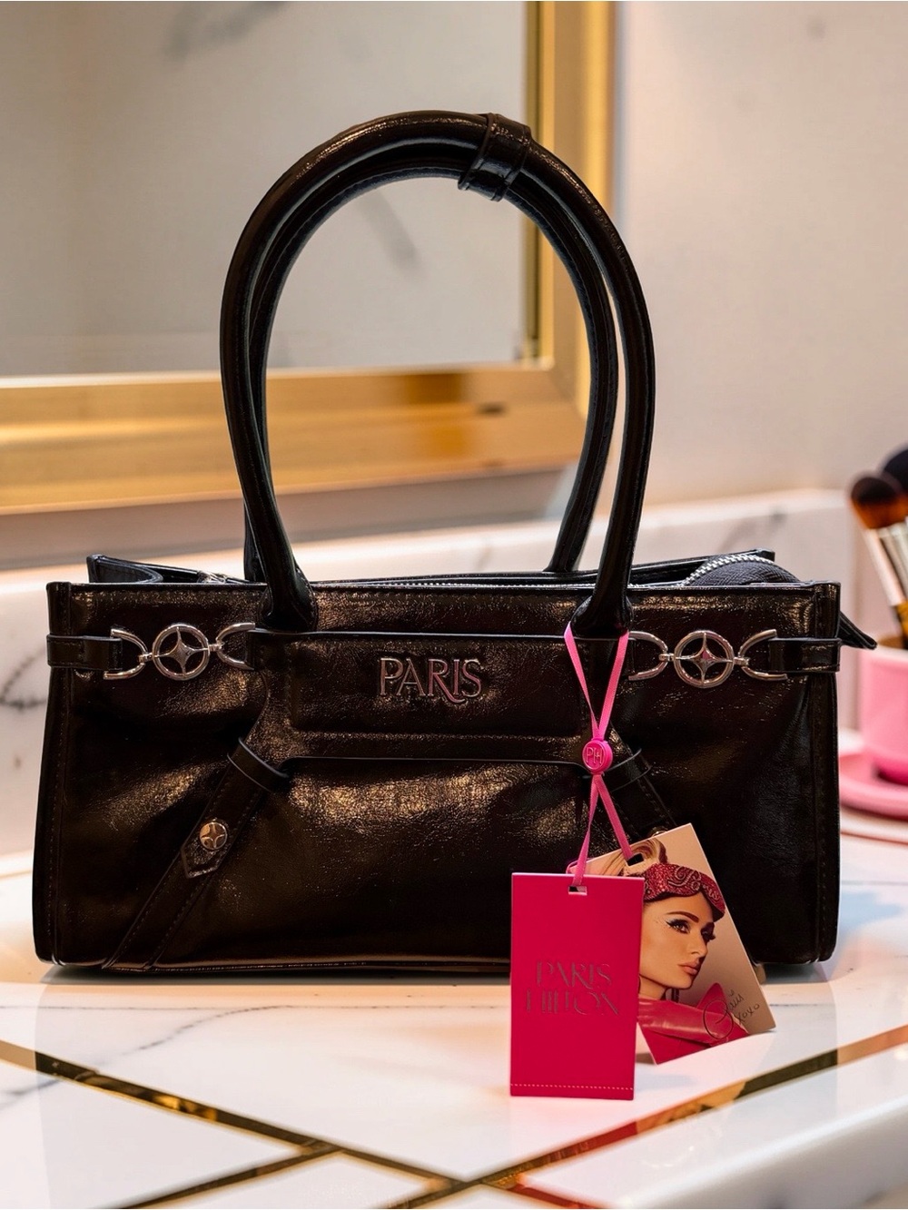 Paris Hilton NWT Harness Tote Black Faux Leather Shoulder Bag (P272)